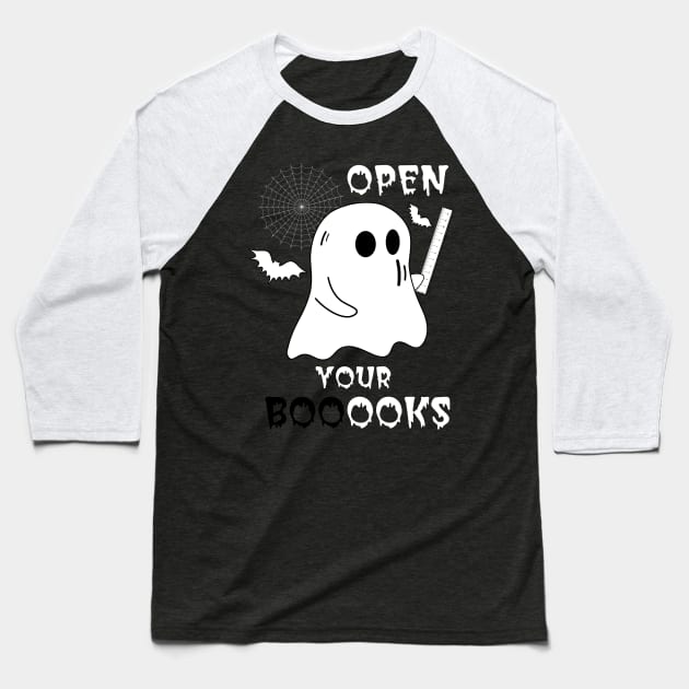 Boo Boo Crew Teacher Ghost Holding Ruler Funny Halloween - Open Your Booooks - Teacher Gift Baseball T-Shirt by OsOsgermany